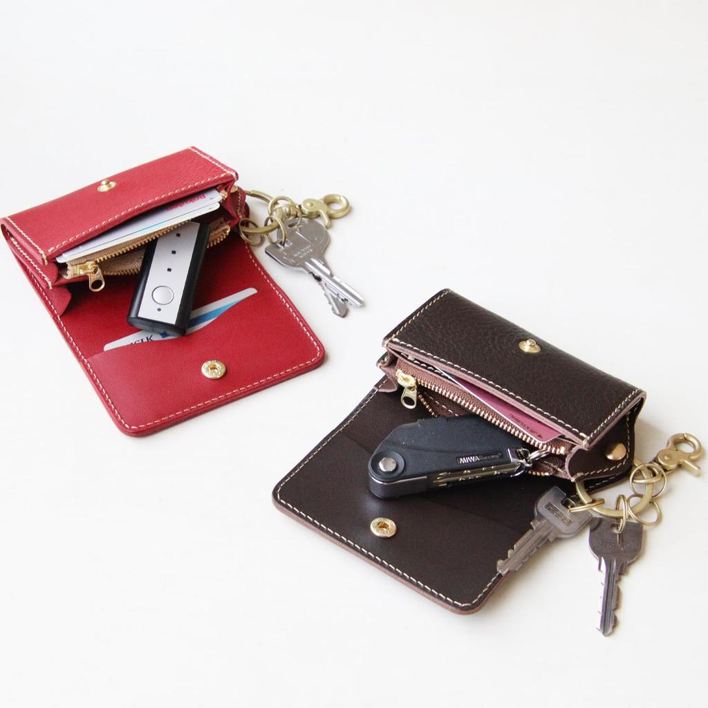 Porco Rosso Smart Key Case with Card Slots and Coin Purse, Genuine Tochigi Leather, Smart Key Case, Keychain, Brand Name, Made in Japan, Women's
