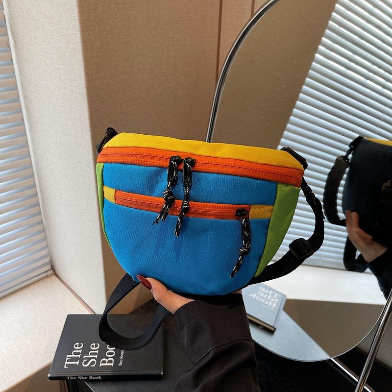 Summer Contrasting Color Saddle Bag Women'S Bag Foreign Style Canvas Shoulder Messenger Bag Niche Design Versatile Breast Bag