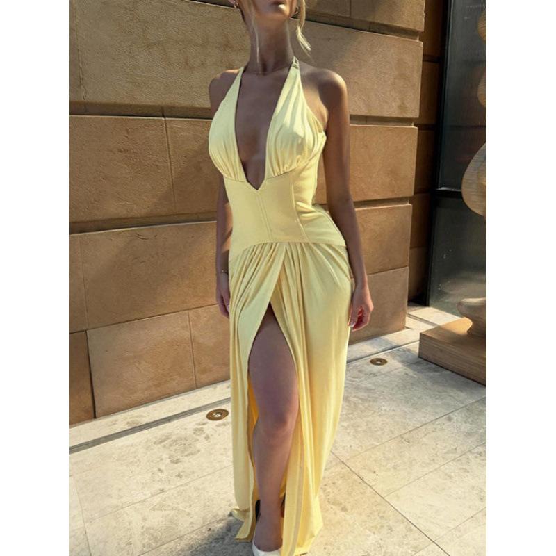 European and American spring new women's clothing solid color temperament slim-fitting deep V neck sleeveless split waist dress women