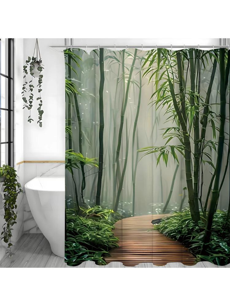 Bamboo Shower Curtain, Green Forest, Spa, Vintage, Natural, Japanese, Asian Style, Bathroom Shower Curtains with Hooks, Waterpro