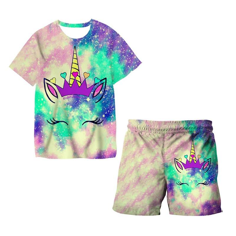 Unicorn Fashion Cute Girl Top T-shirt Short Sleeve+Shorts Two Piece Set Girls' and Children's Top Short Sleeve