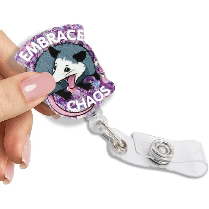 Embrace Chaos Glitter Retractable Reel ID Card Clip, Funny Opossum Badge Reel Gifts for Nurse Doctor CNA RN LPN Medical Assistant Office Worker