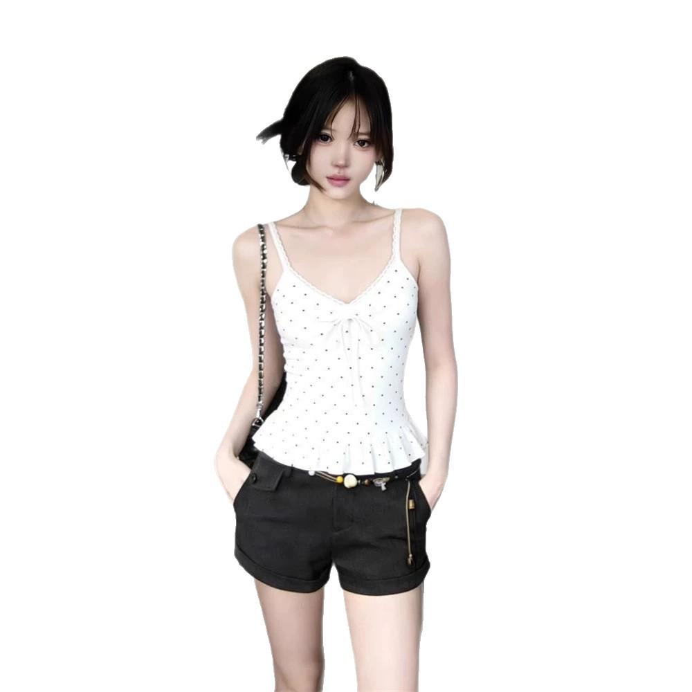 Korean White Sweet Polka Dot Ruffle Hem Sling Vest Women's Spring New Inner Sleeveless Stacked Top