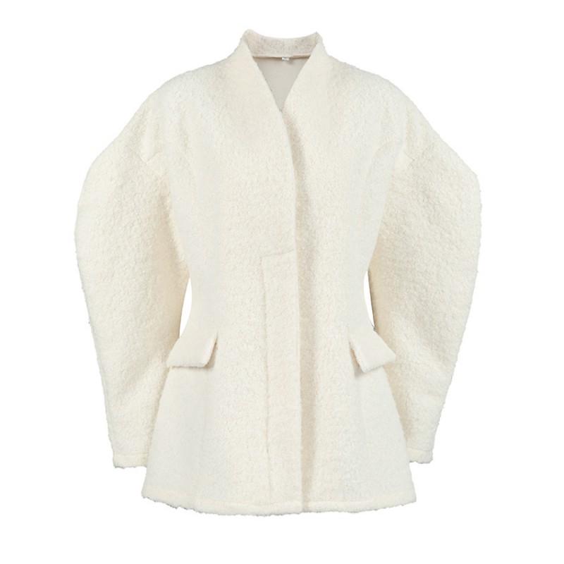 Womens Winter Wool Blend Coat Short Style Stand Collar Puffed Sleeve Loose Fit Elegant Office Wear