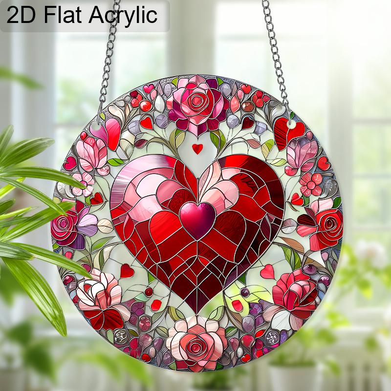 Acrylic Heart & Roses Suncatcher, Stained Glass Effect Window Hanging Ornament for Love & Valentine's Day Lover Gifts