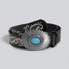 Vintage Turquoise Carved Sheep Head Embroidered Leather Belt For Fashion Enthusiasts