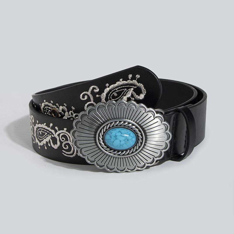 Vintage Turquoise Carved Sheep Head Embroidered Leather Belt For Fashion Enthusiasts