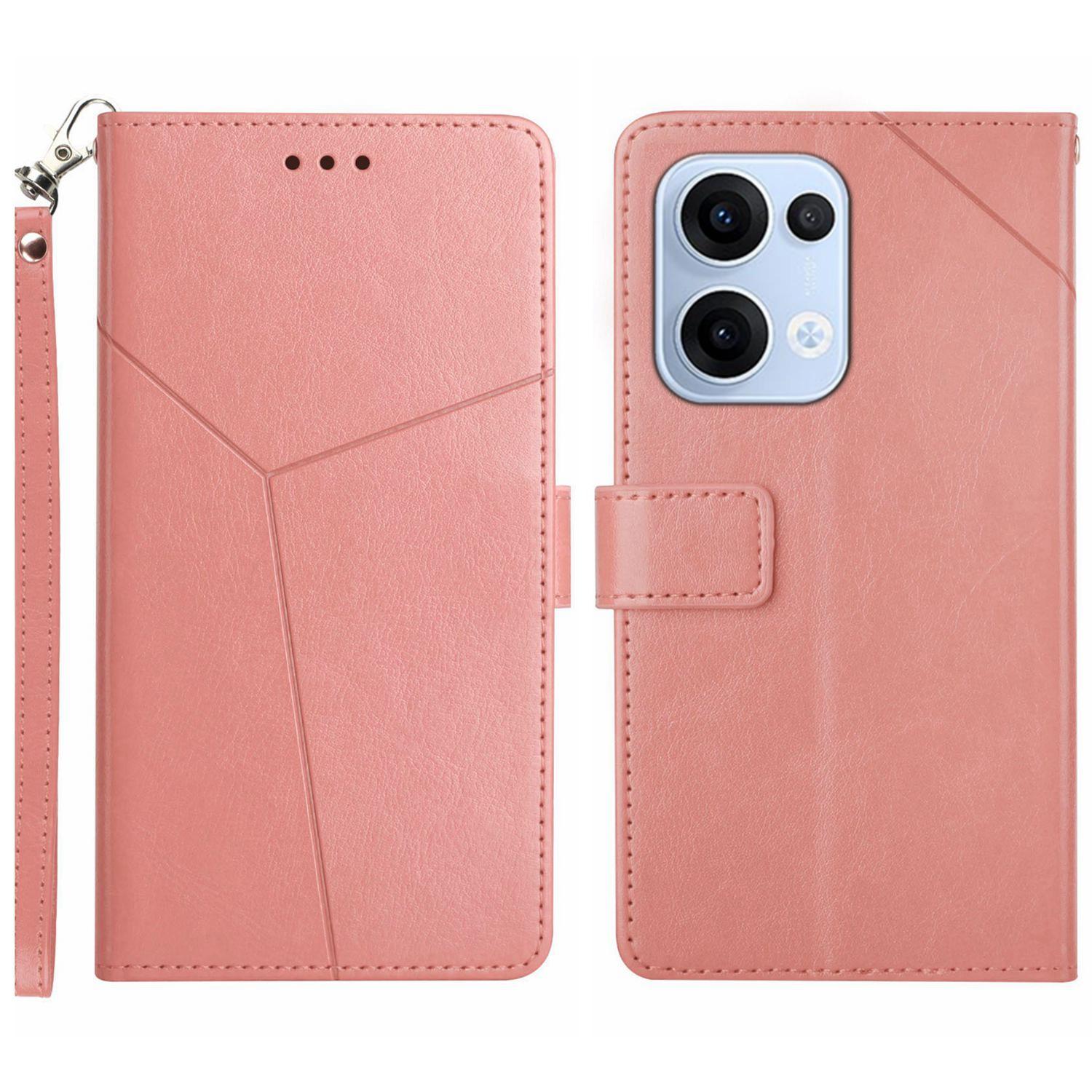 

Для Oppo Reno13 5G (Глобальный) Чехол с ремешком на запястье, тиснение в виде Y-образных линий, кожаный чехол для телефона Pink