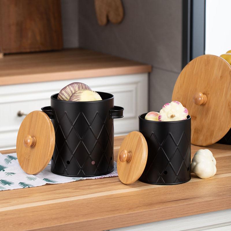 Reticulated kitchen bamboo cover fresh-keeping bucket black potato onion garlic storage box metal potato storage jar