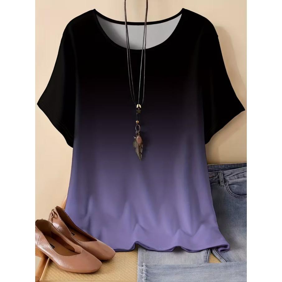 XL-7XL Plus Size Women's Gradient Casual 3D Print Loose V Neck Short Sleeved T-shirt Top