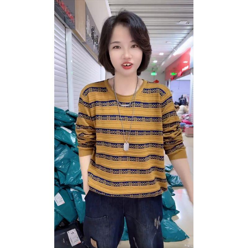 

2024 Самые продаваемые топы Европейские товары круглый вырез длинные рукава трикотаж женский ретро жаккард сочетание цветов хлопковая нить большие размеры женский свитер Ginger yellow All yards