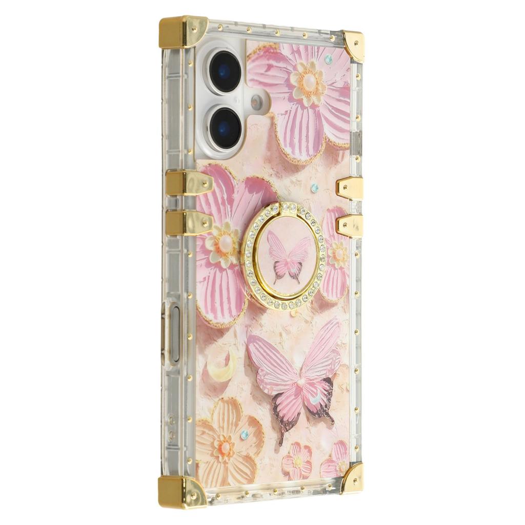 For iPhone 16 Case Stylish Flower Butterfly Pattern Ring Kickstand TPU+PC Phone Cover