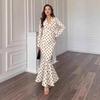 2025 European & American Blue Floral V-Neck Long-Sleeve Casual Dress