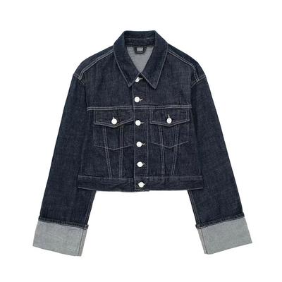 Damenmode Taschen Denimblau Einreihige Jacken Vintage Reverskragen Langärmlig Weiblich Schicke Damen Outfits