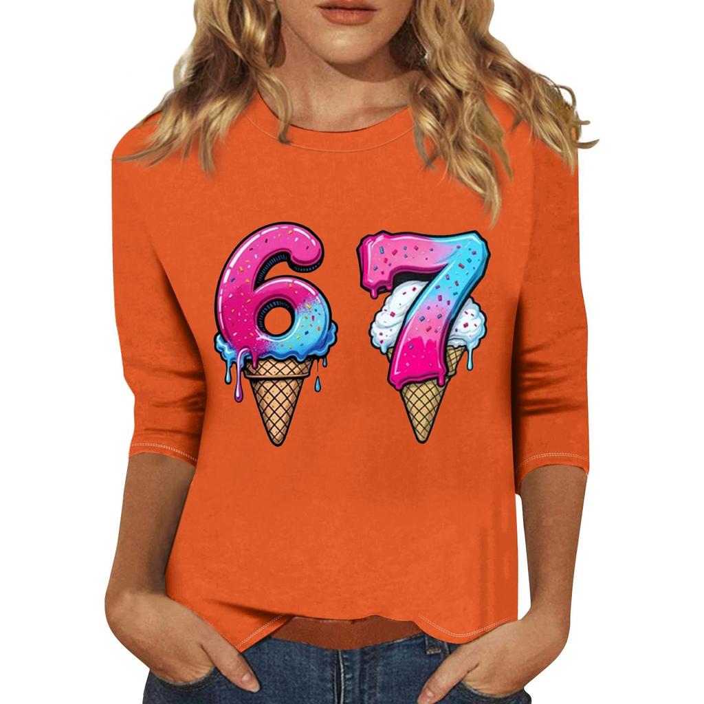 Women's Fashionable Casual Three-Quarter Sleeve Printed Neck T-Shirt Top