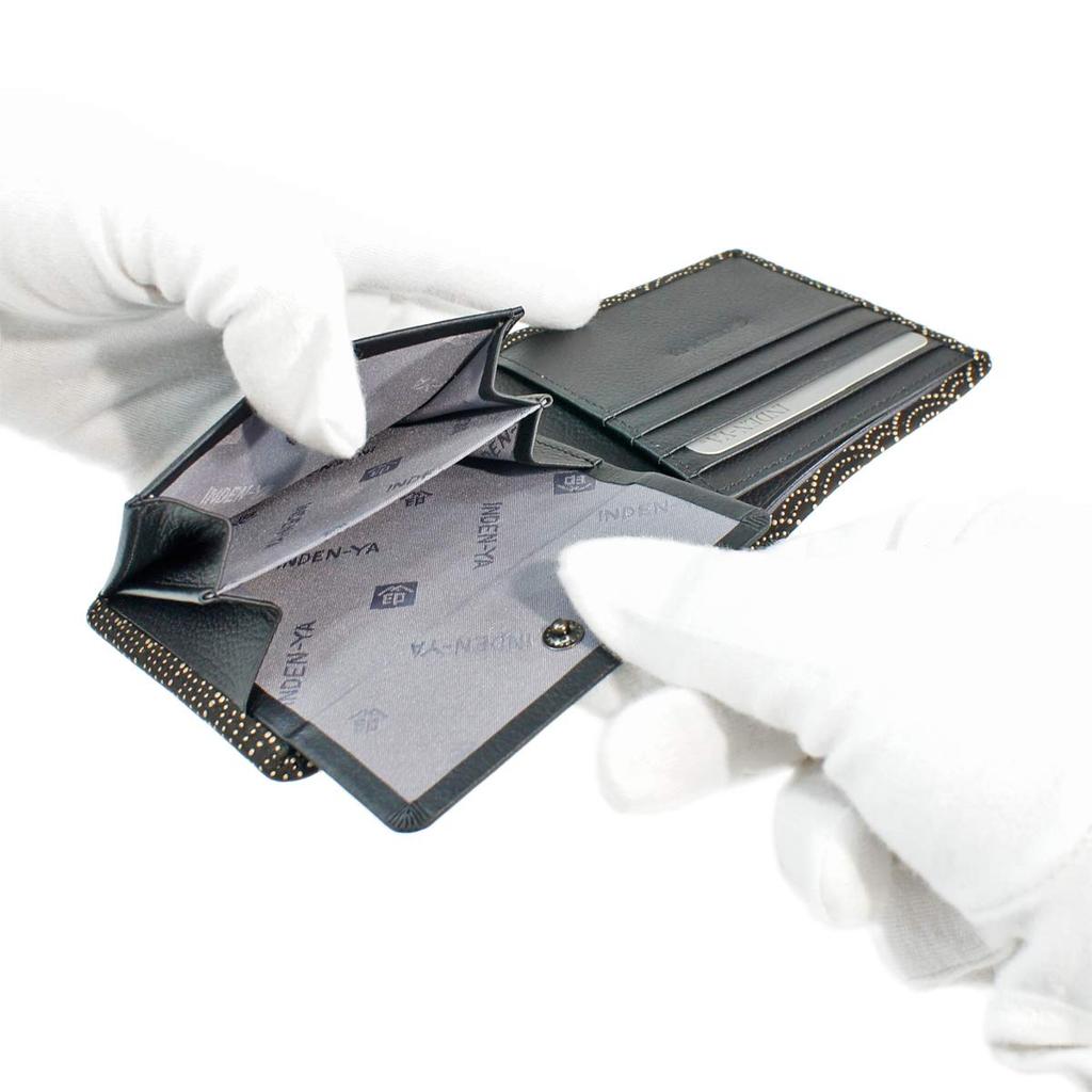 [Inden-ya] Inden Bifold Wallet with Bill Compartment and Coin Purse, Deerskin Leather, Black with White Lacquer, Seigaiha Pattern, 2006-11-004
