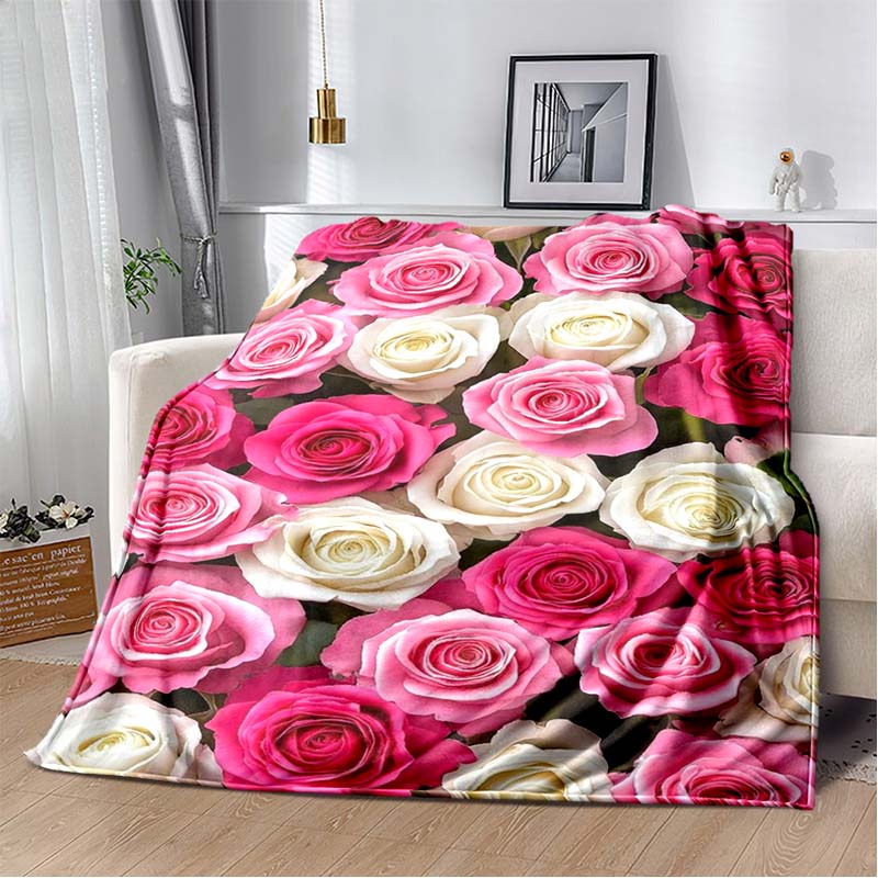 Pink Smile Face & Flower Print Flannel Blanket, Soft Cozy Warm Throw for Bed Sofa Couch, Lightweight All Season Plush Cover