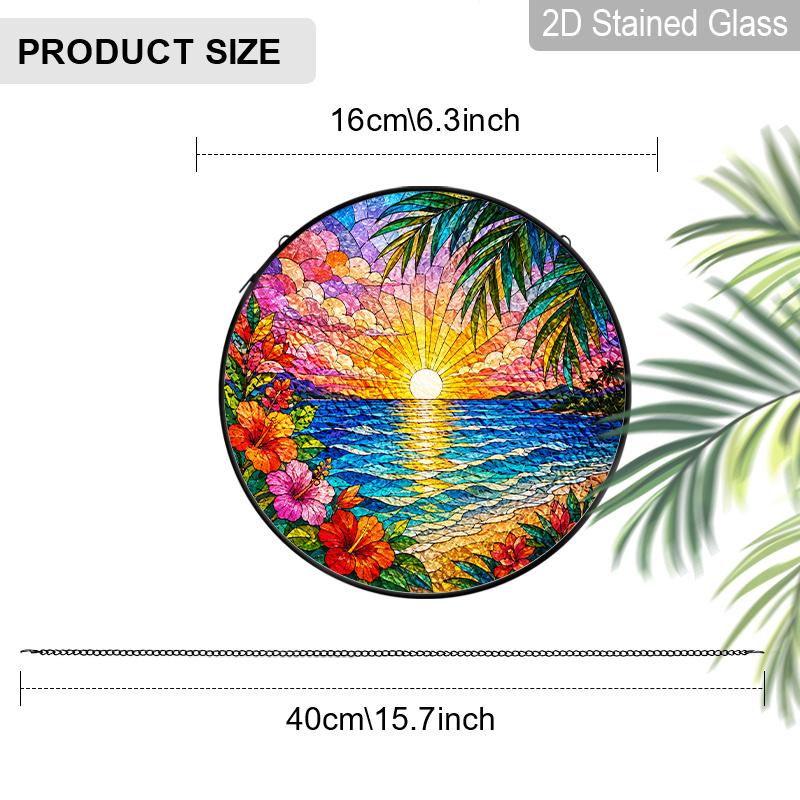 

2D Flat Stained Glass Beach Landscap Window Decoration, 6.3/7.87inches Colored Glass Plate with Chain, Charming Indoor/Outdoor Sun Catcher Home 6.3inch