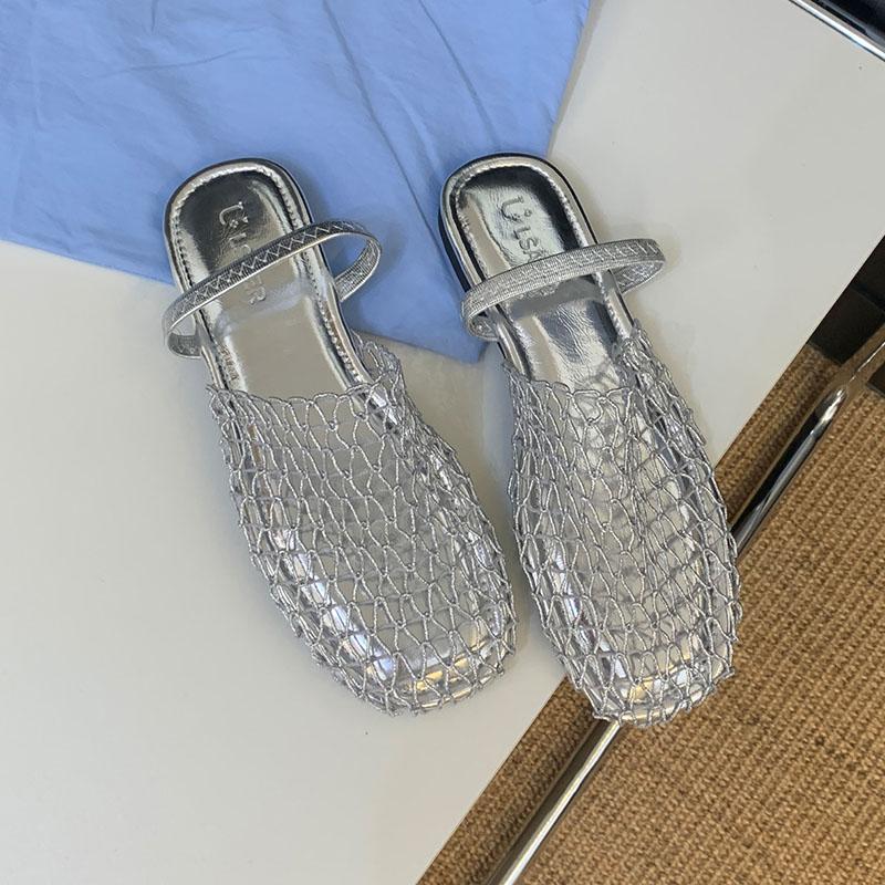 Fashion Summer Beach Ladies Flats Slippers Sandals Shoes Round Toe Fashion Mesh Female Flats Slides Slippers Shoes For Women Mules