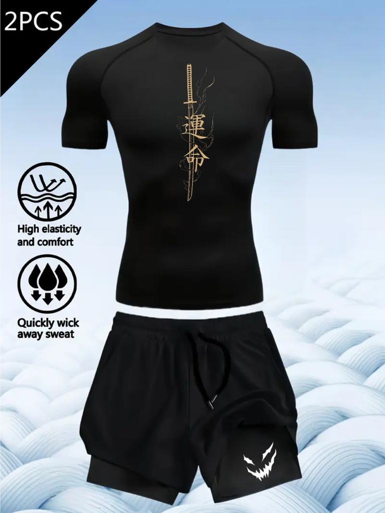 2D printed T-shirt men's summer two-piece sportswear running T-shirt elastic quick-drying sports top sports fitness shirt men's