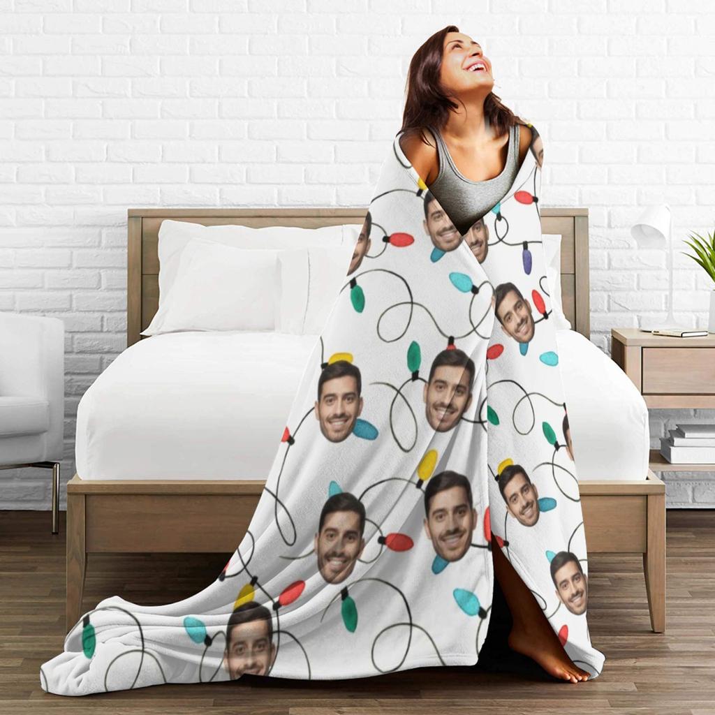 Christmas Lights Photo Face Upload Personalised Custom Plush Blankets Gift for Men Women Girls Boys Throw Blanket for Home Quilt