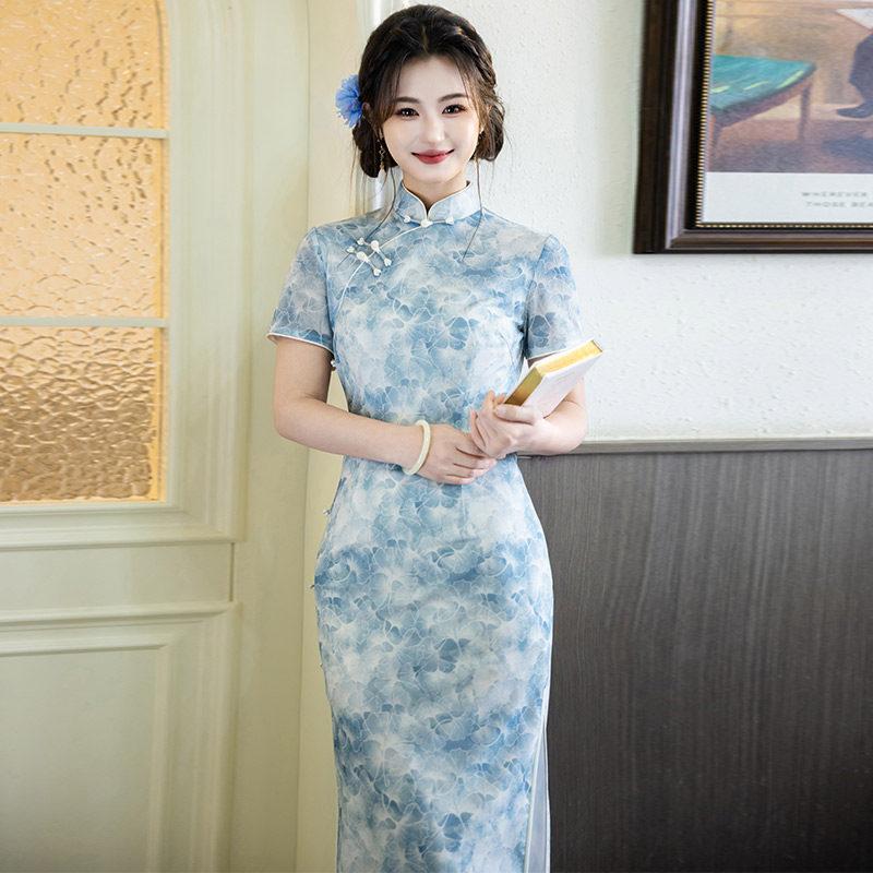 Blue National Style New Chinese Long Cheongsam Improved Young New Women's High-end Short Sleeves Daily Summer