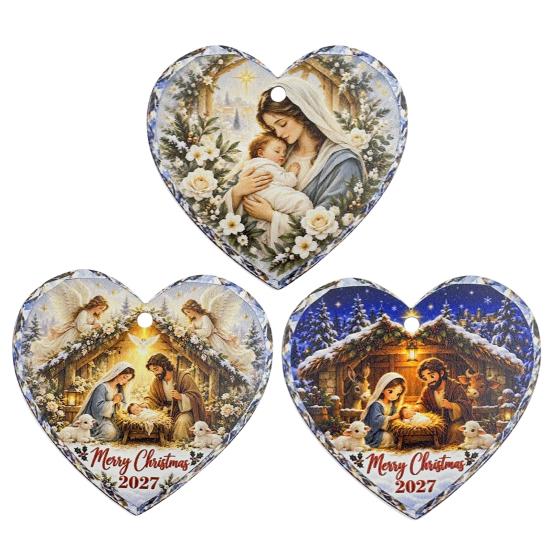 Heart Shaped Nativity Pendants Wooden Hanging Ornament for Christmas Tree Decorations, Retro Religious Vintage Style Holiday Tags Scene Garland