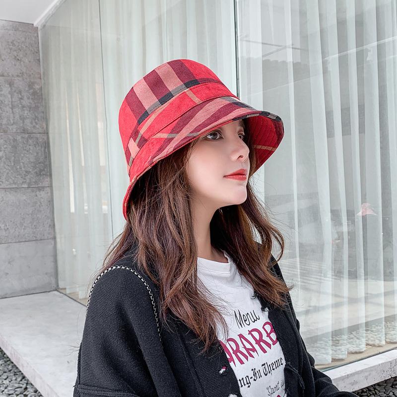 Plaid Bucket Hat Women, Autumn And Winter Japanese Basin Hat Small Brim Fashionable Versatile British Top Hat Foldable Tide