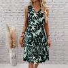 Plus Size V Neck Sleeveless Dress Green Hills Lake Watercolor Print For Lakeside Picnic Outing