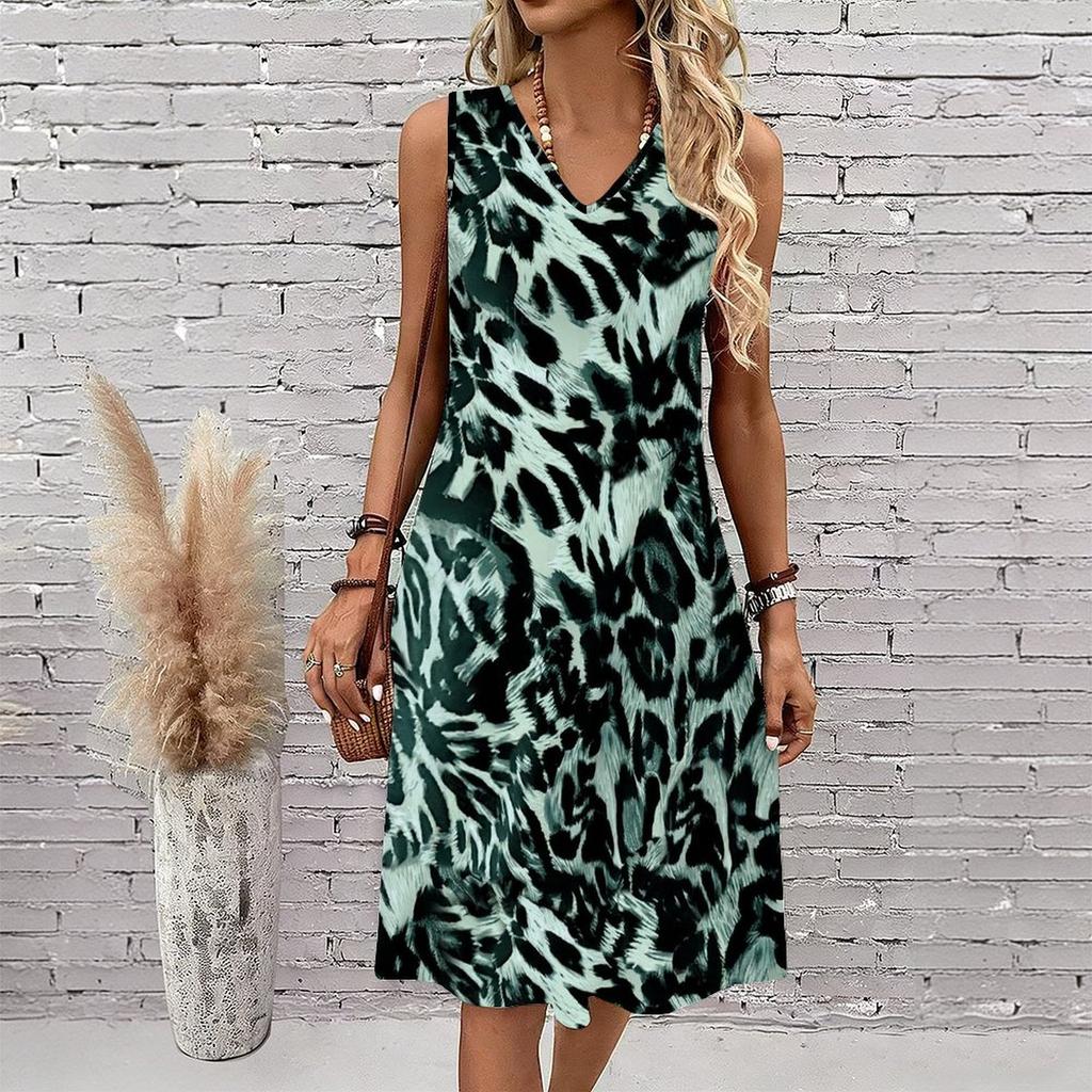 Plus Size V Neck Sleeveless Dress Green Hills Lake Watercolor Print For Lakeside Picnic Outing