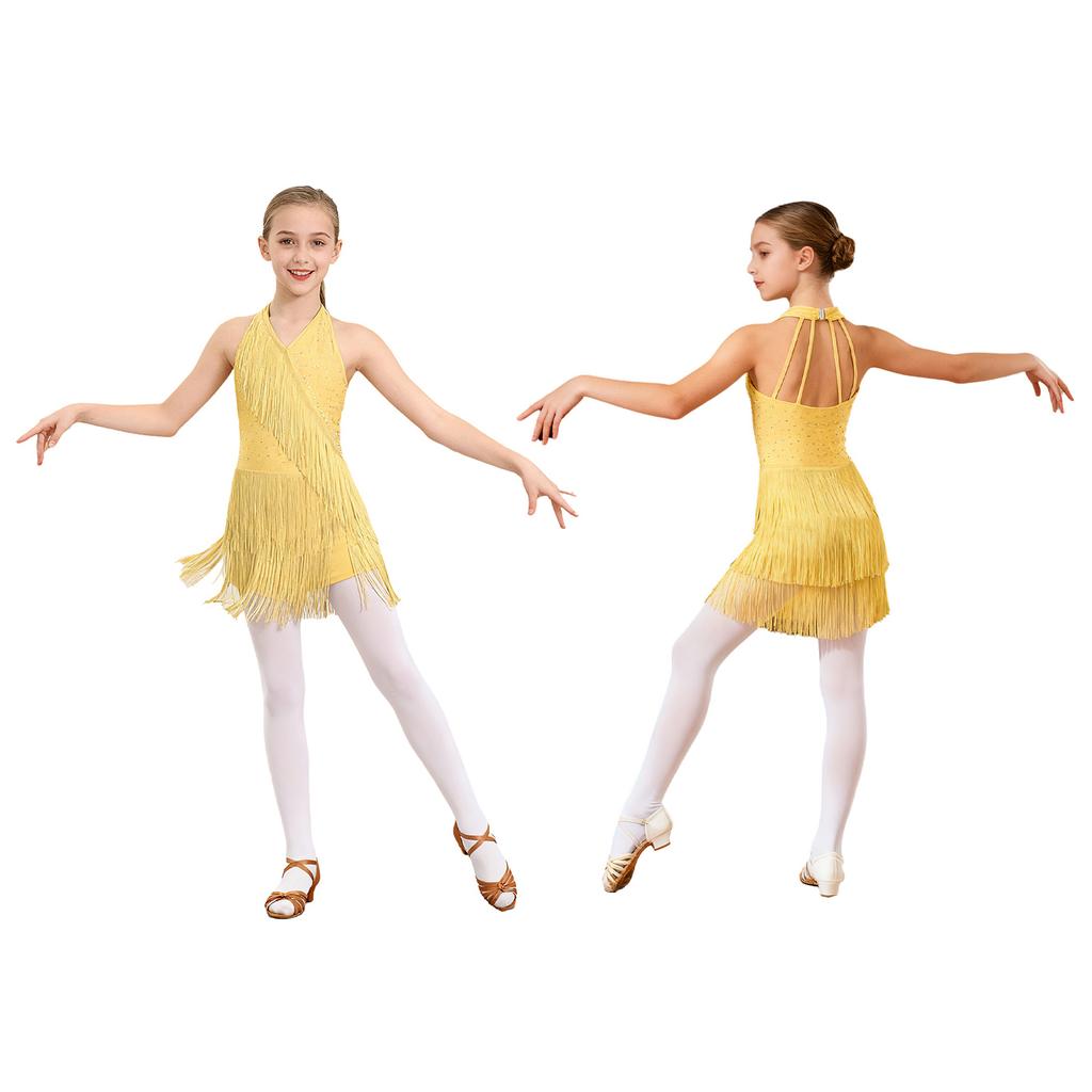 Kids Girls Latin Leotard Dress Dance Costume Rhinestones Fringe Bodysuit Skirted Dress Halter V-neck Sleeveless Tassel Jumpsuit