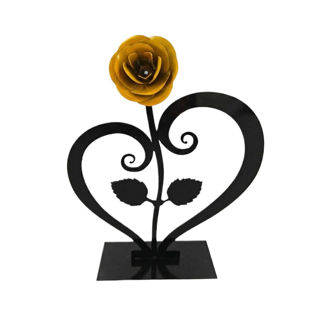A Metal Rose Paired With A Heart-shaped Stand—a Creative Decorative Piece That Makes For An Ideal Gift.