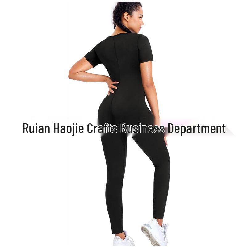 Women's Yoga Sweat-Inducing Jumpsuit for Butt Lifting & Abdominal Tightening - Short Sleeve, Long Pants Fitness Wear