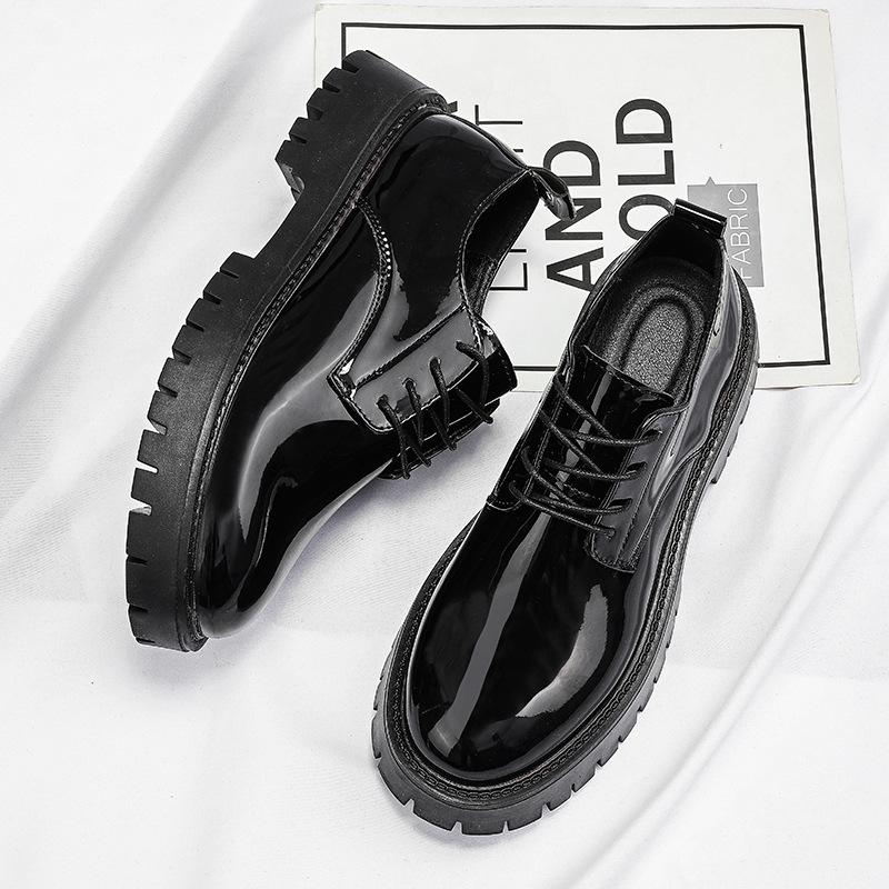 Leather Shoes Men's Patent Leather Glossy Big Head Tooling Casual Business Dress Black
