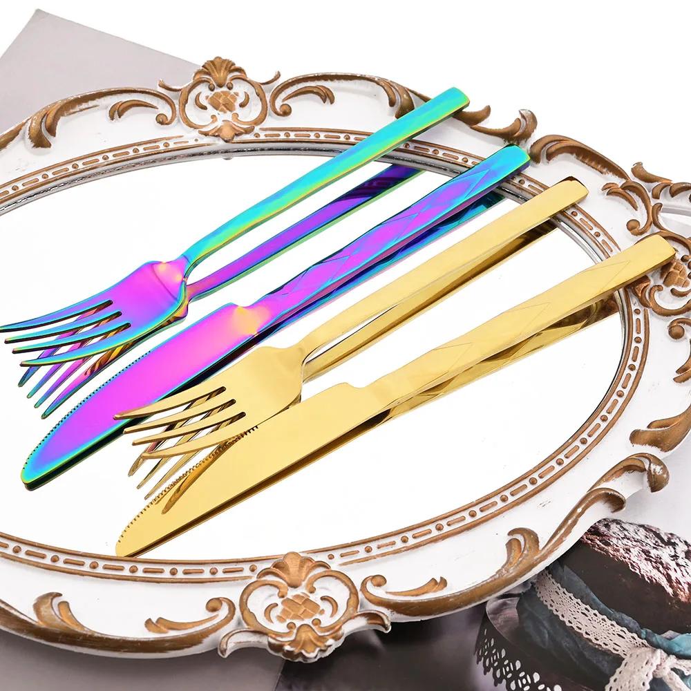Western 4Pcs Stainless Steel Dinnerware Diamond Shaped Knife Fork Spoons Cutlery Set Restaurant Kitchen Tableware Flatware Set