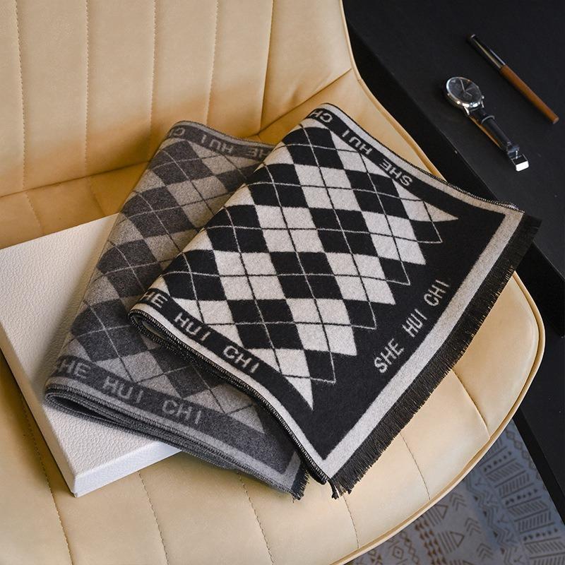 Men's wool scarf autumn and winter warm thickened plaid scarf business leisure birthday gift men's