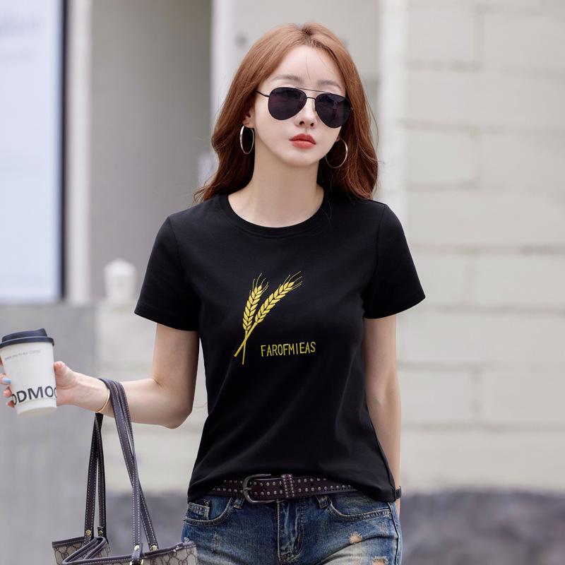 

Летняя новая футболка из чистого хлопка с вышивкой, эластичная, утягивающая, с короткими рукавами, повседневная и универсальная футболка с короткими рукавами L чёрный