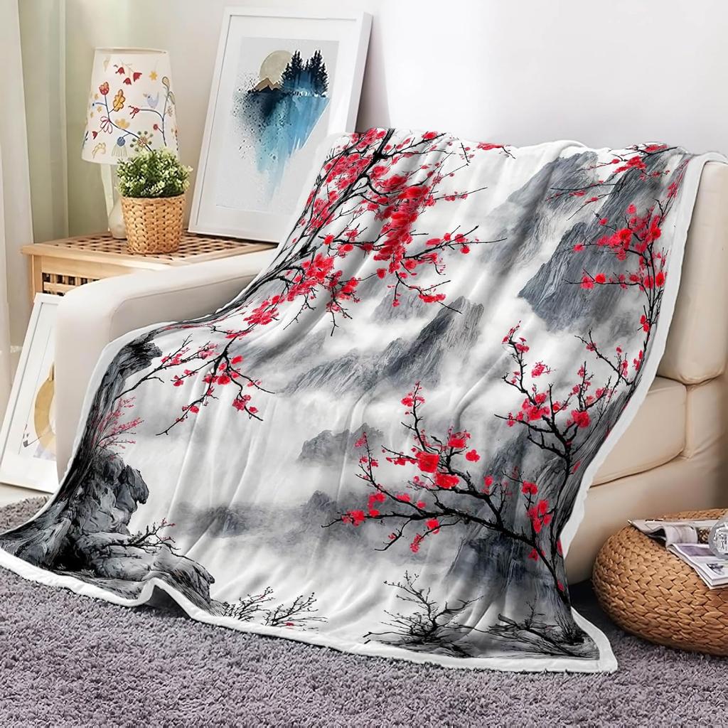 GUOYU Blanket Japanese Cherry Blossom Blanket Asian Japanese Wave Kanagawa Throw Flannel Blankets for Couch  Bed Asian Anime Mount Red Sun