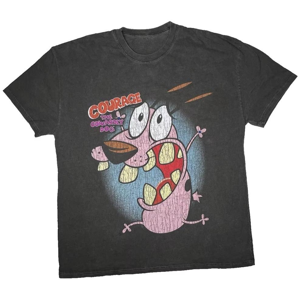 Courage the Cowardly Dog Vintage T-Shirt Men Retro Cartoon Washed Tee Summer Streetwear