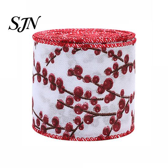 Imitation Linen Ribbon for Decor Christmas Red Berry Ribbon, 2.2 Yards 2.5 Inch Wide Wired Edge Bows Gift Box Packaging DIY Wreath Holiday Tree