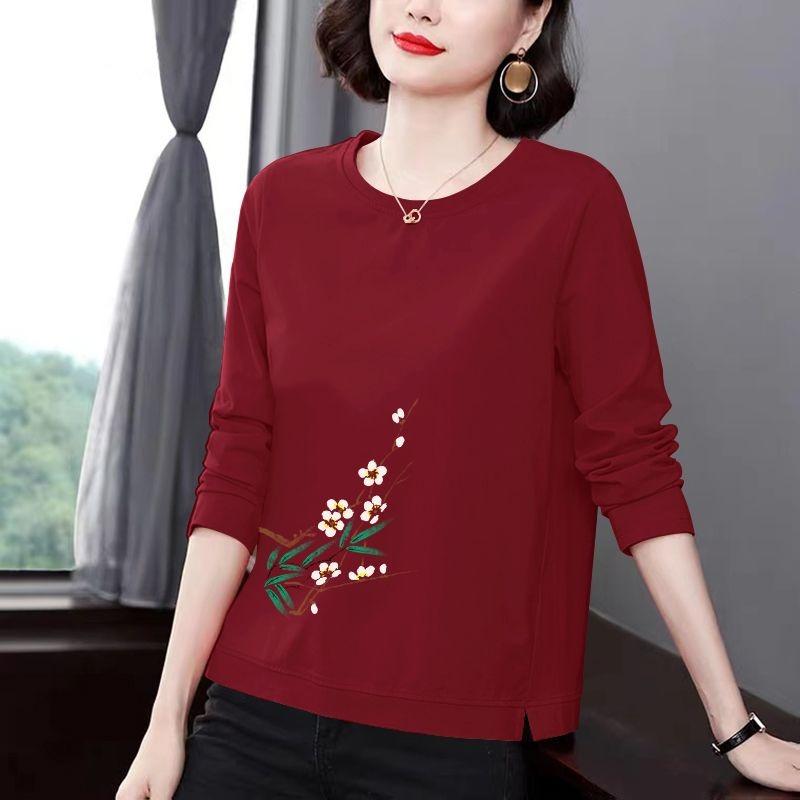 Women Spring Cotton Plum Blossom Print Crew Neck Long Sleeve Casual Top