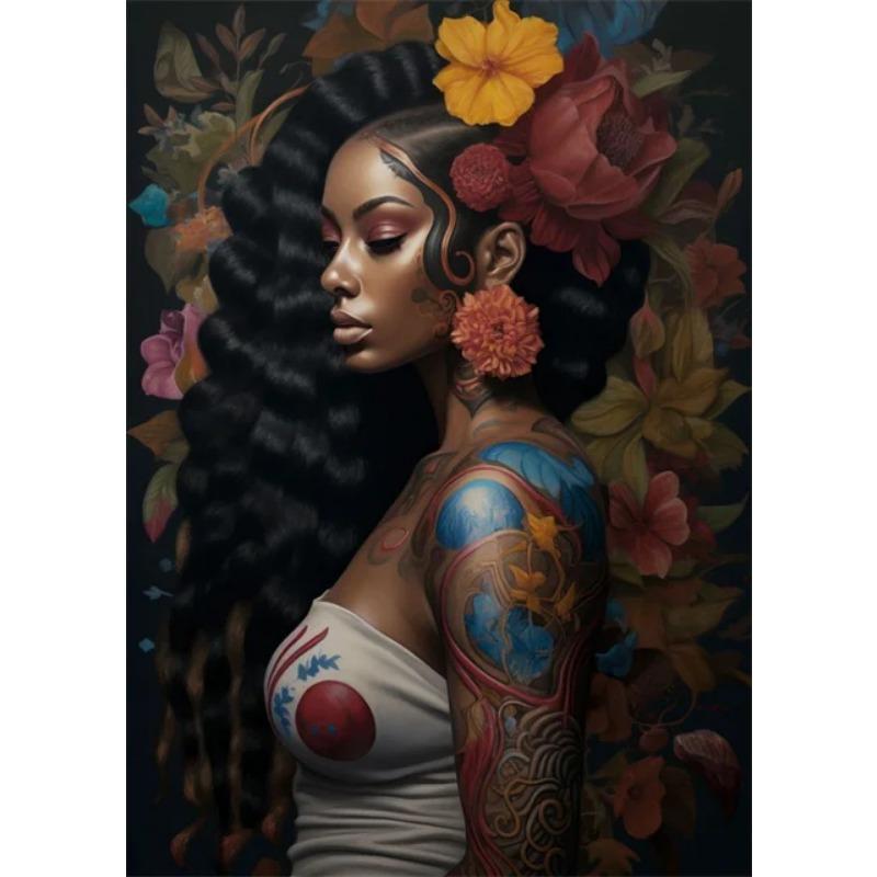 Afro Girl with Flowers Wall Art Pictrues African Beauties Flowers Fashion Canvas Painting Prints Posters for Living Room Decor