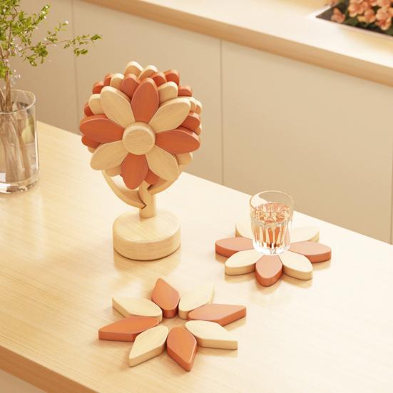 Wooden Sunflower Coaster Heat-Resistant Hot Dish Pot Bowl Teapot Pan Trivet Decorative Kitchen Coffee Dining Table Drink Cup Coaster