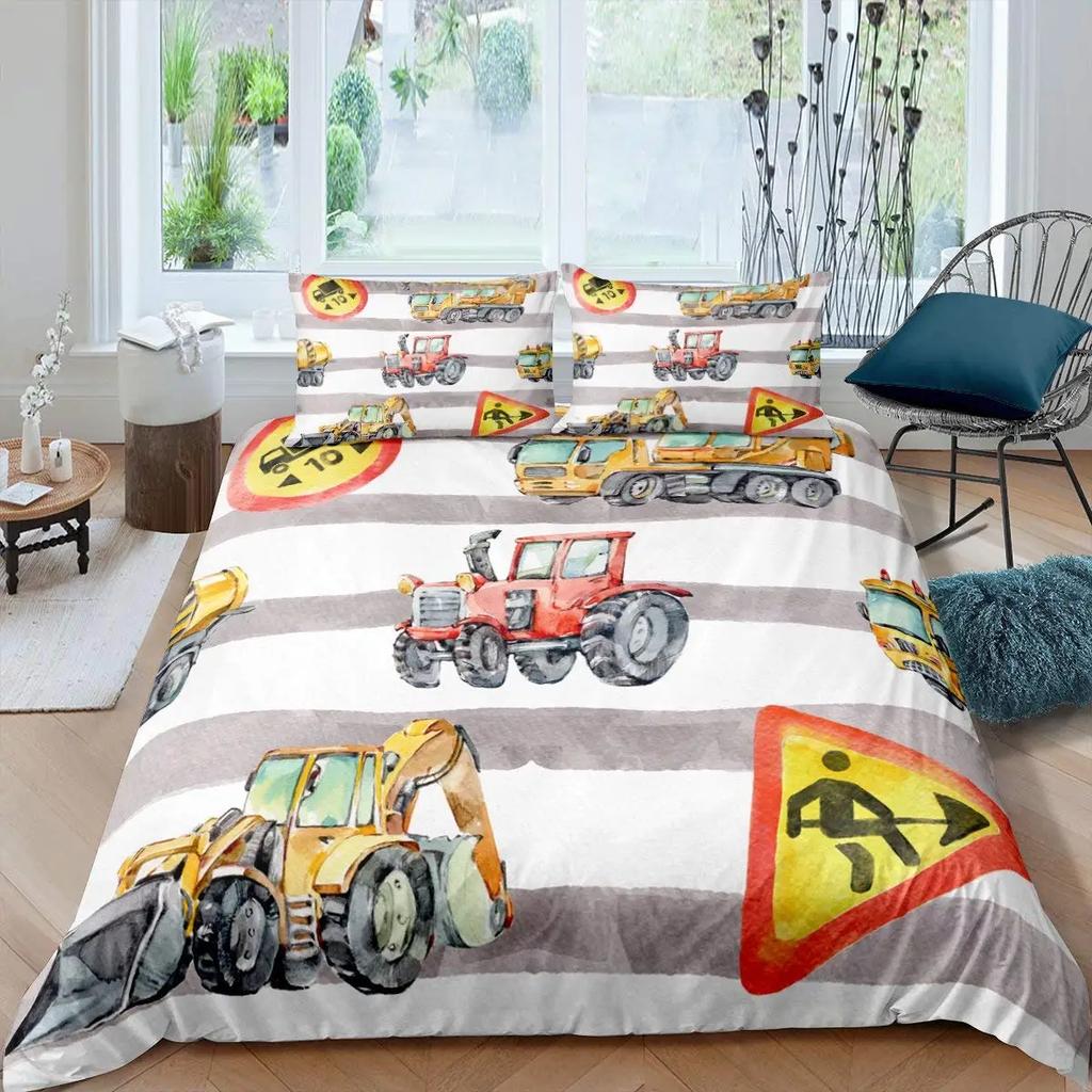 Bagger Königin Bettbezug Cartoon Baufahrzeug Bettwäsche-Set für Kinder Jungen Mädchen Traktor 2/3-teilig Polyester Bettdeckenbezug