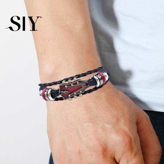 Guitar Cuff Braided Bracelet Zinc Alloy Adjustable Buckle Manual Woven Rock Music Bangle Faux Leather 3-layered Punk Retro Wrist Jewelry Shape