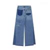 Women's Blue High Waist Jeans Fashion Clashing Color Splicing Wide Leg Flared Pants Loose Straight Trousers