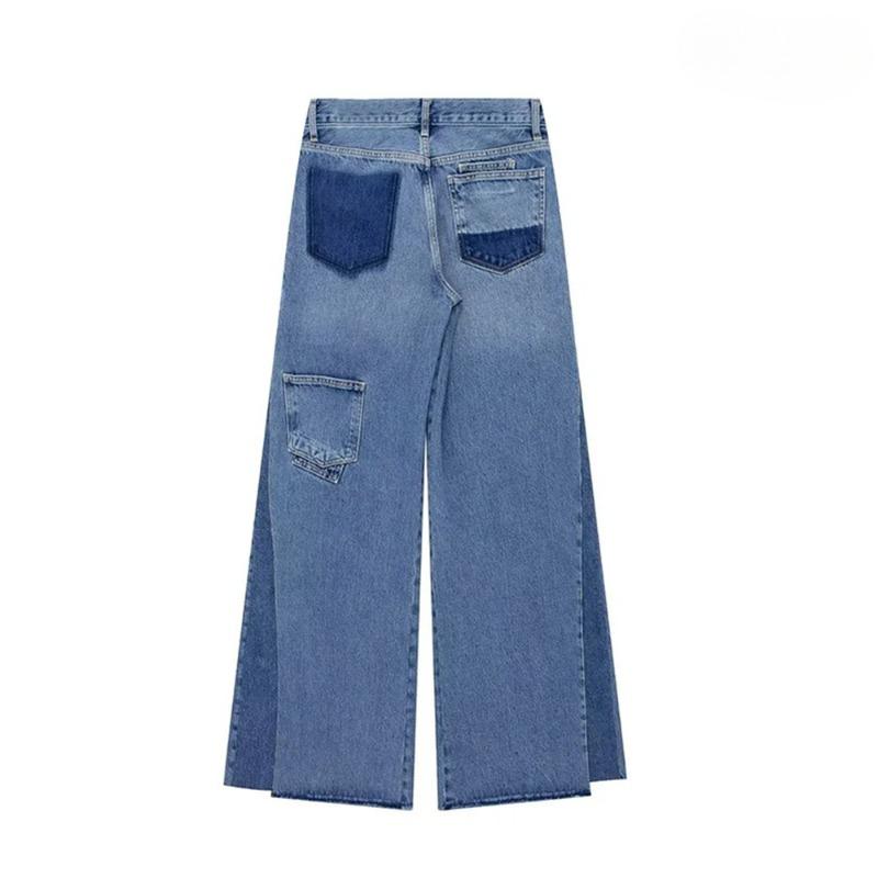 Women's Blue High Waist Jeans Fashion Clashing Color Splicing Wide Leg Flared Pants Loose Straight Trousers