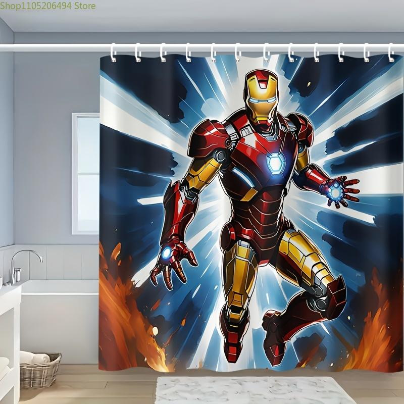 1pc Superhero Shower Curtain - Polyester, 12 Hooks Included, Vibrant Red & Golden Armor Design, Perfect for Bathroom, Home, Ho