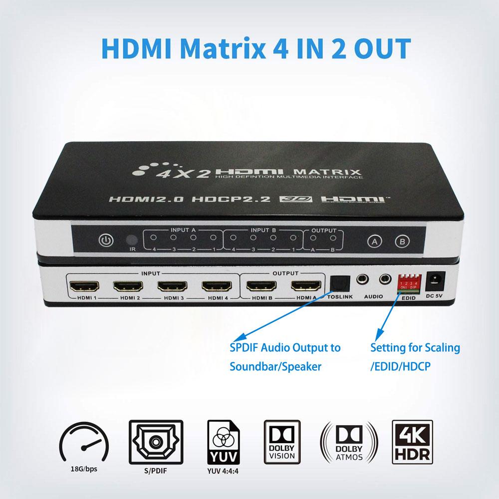 Verified Factory 4K HDMI Matrix 4x2 HDMI 2.0 4K 60Hz 4K 30Hz 18Gbps HDR 4:4:4 CEC 4 In 2 Out