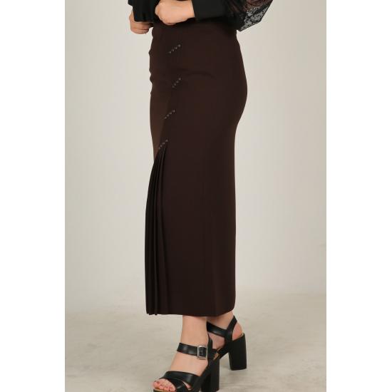 WOMEN'S Hijab Plus Size Leather Detailed Lined Pleated Crepe Mother Skirt